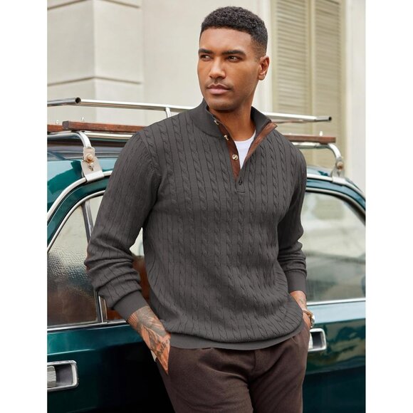 Men's Cable Knitted Pullover Sweaters Long Sleeve Stand Collar Button Up Gray - Picture 3 of 6